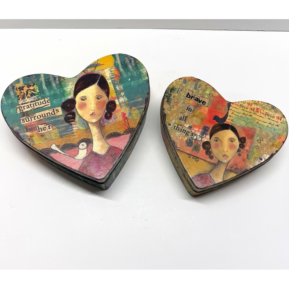 Kelly Rae Roberts Heart Trinket Box Set 2 Creative Co-Op Metal Abstract Art Girl